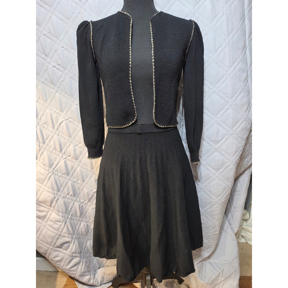 St John Saks Fifth Avenue Black Gold Trim Knit Skirt Suit Set Vintage Women S